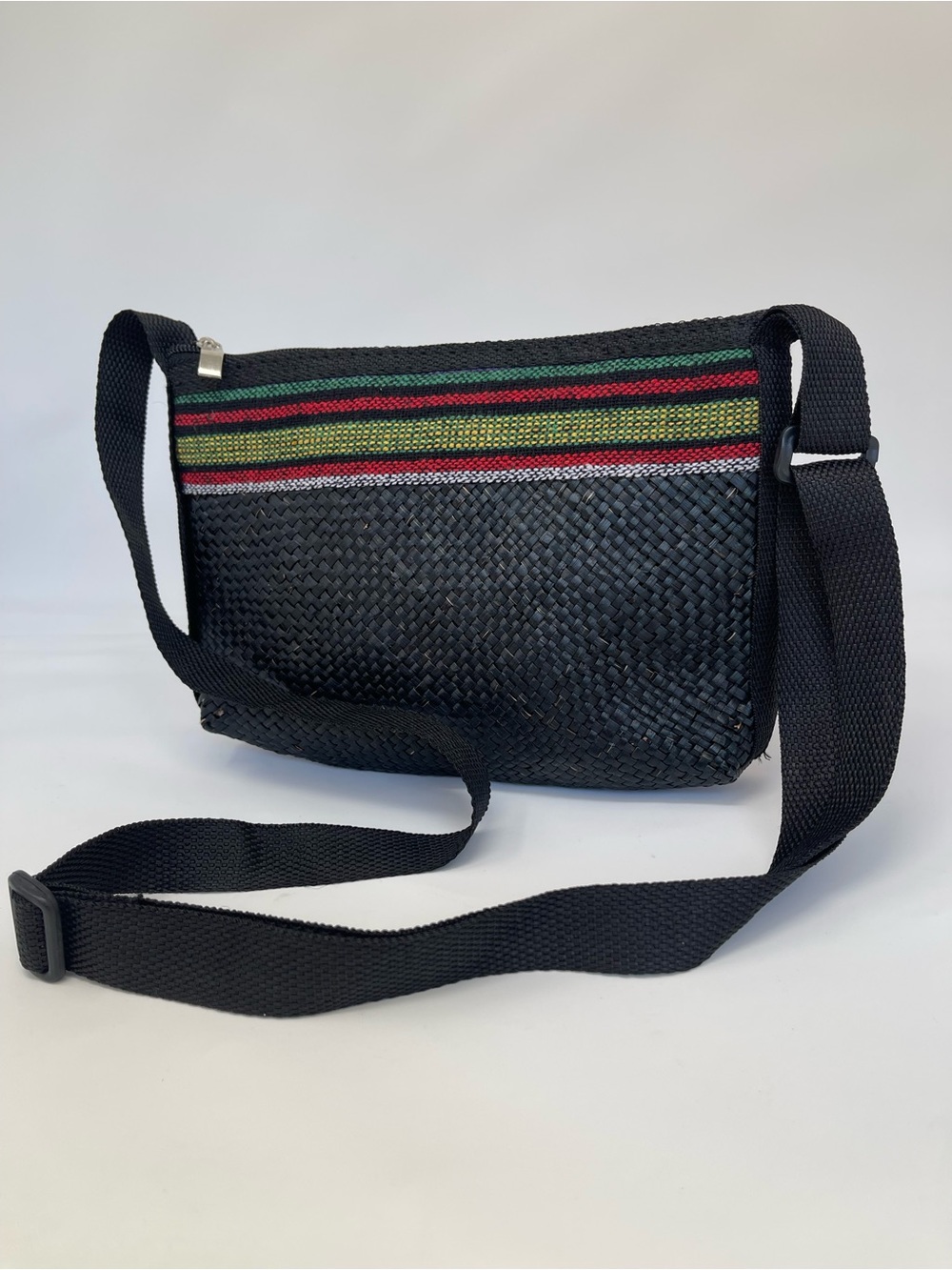 Black Handwoven Crossbody Bag with Multicolor Stripe